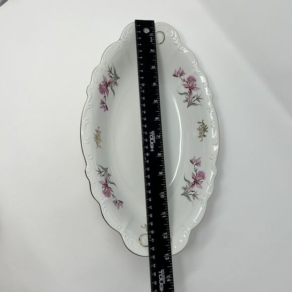 Fine Bohemian China Oval Serving Bowl 13" Long Pink Lily Gold Czechoslovakia Vtg - Picture 5 of 7